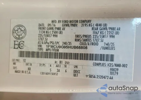 2017 Ford Escape Se z USA, uszkodzony, nr VIN 1FMCU9G95HUB68808